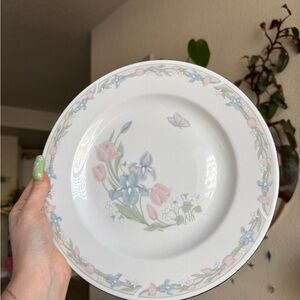 White Floral Porcelain Dinner Plate with Pink & Blue Accent